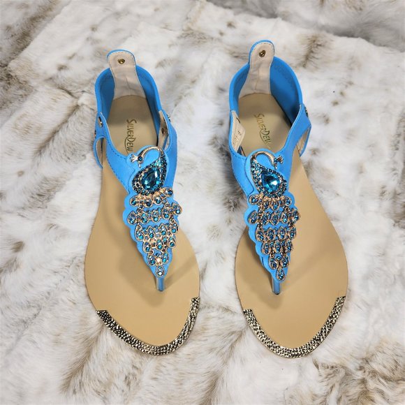 Teal Rhinestone Peacock Toe Strap Sandals - Picture 10 of 10